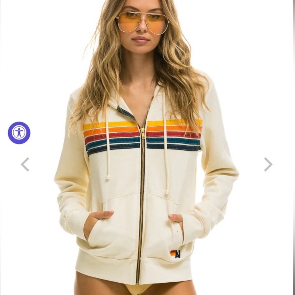 Aviator Nation Cream Zippered Hoodie with Rainbow Stripes